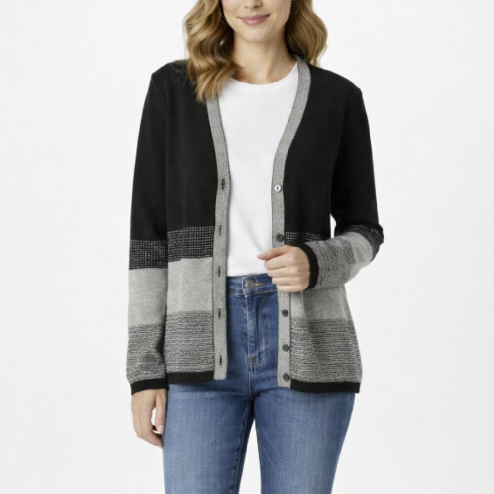 Vintage Talbots size Large Color-block Black Gray Pure Silk Cardigan Preppy‎